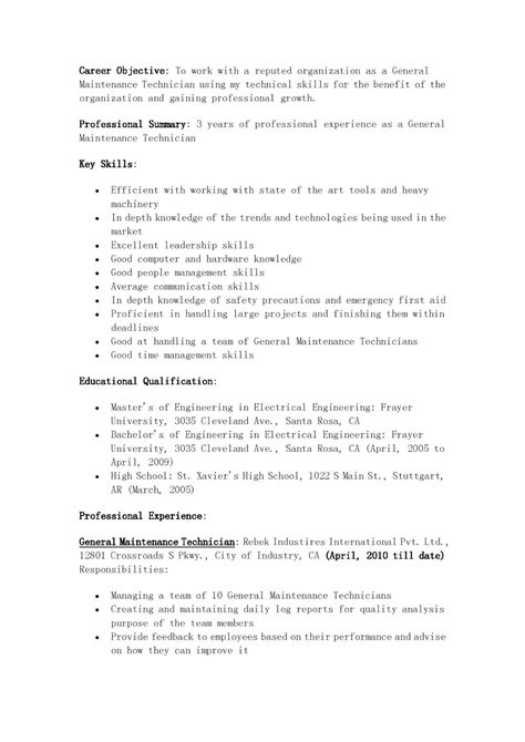 resume samples general maintenance technician resume