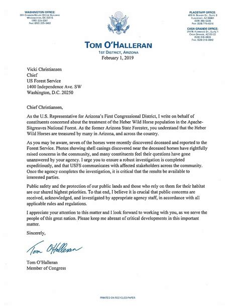 letter  congressman ohalleran  usfs news wmicentralcom