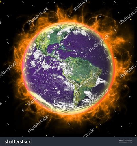 Real Earth Planet In Space In Red Fire Remodeled From