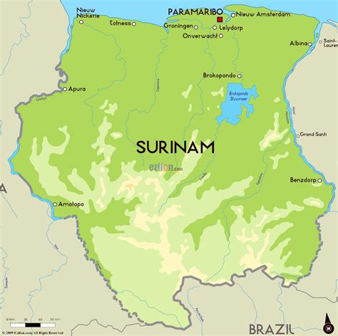large physical map  suriname  major cities suriname south america mapsland maps