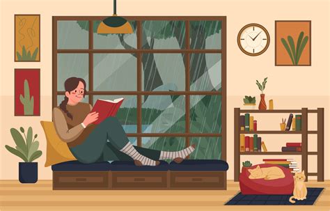 woman reading a book on a rainy day 5771670 vector art at vecteezy