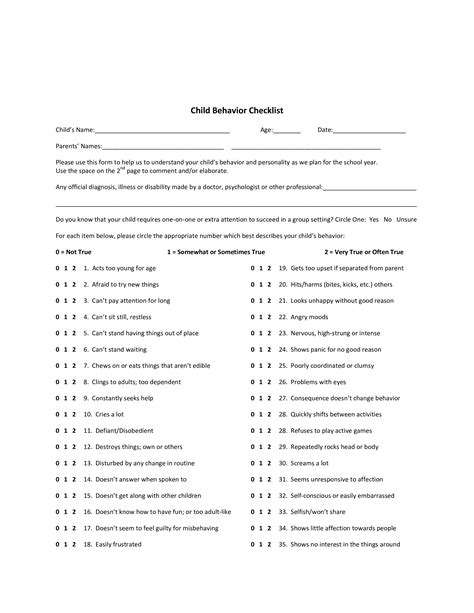 preschool child behavior checklist templates  allbusinesstemplatescom