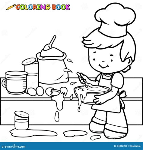 boy cooking   kitchen vector black  white coloring page