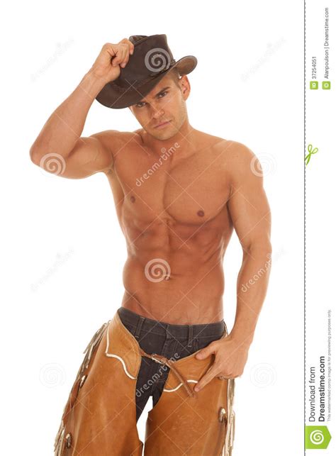 Man No Shirt Chaps Hat On Head Serious Stock Image Image
