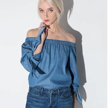 anly wholesale latest top designs  shoulder denim fabric blouses