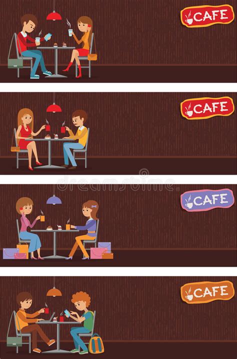couples of people in cafe vector illustration with friends men and women sitting at tables
