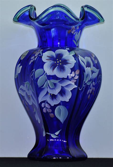 Details About Fenton Cobalt Blue Hexagonal Vase Hand Painted Cobalt