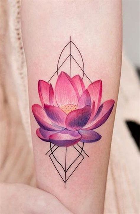 Geometric Watercolor Pink Lotus Lily Forearm Tattoo Ideas
