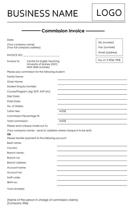 commission invoice template  word templates