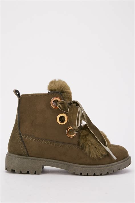 faux fur trim lace  boots army green  grey