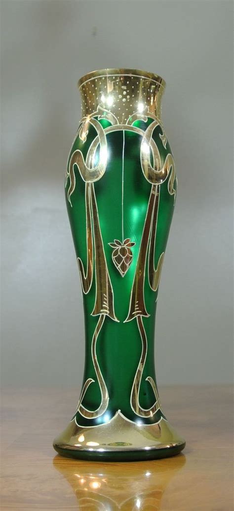 Vintage Bohemian Satin Green Art Nouveau Glass Vase Hand Painted Gold
