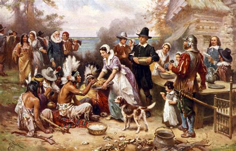thanksgiving  pilgrims  natives gather  share meal
