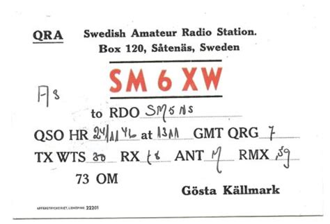 Vintage Ham Radio Qsl Card Såtenäs Bohuslän Sweden Sm6xw Källmark 1946