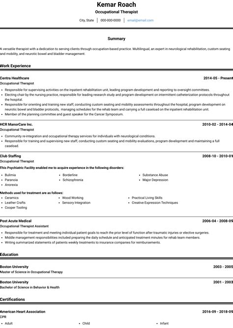 occupational therapist resume samples  templates visualcv