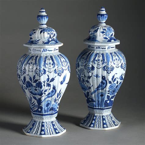pair   century blue  white delft vases timothy langston fine art antiques