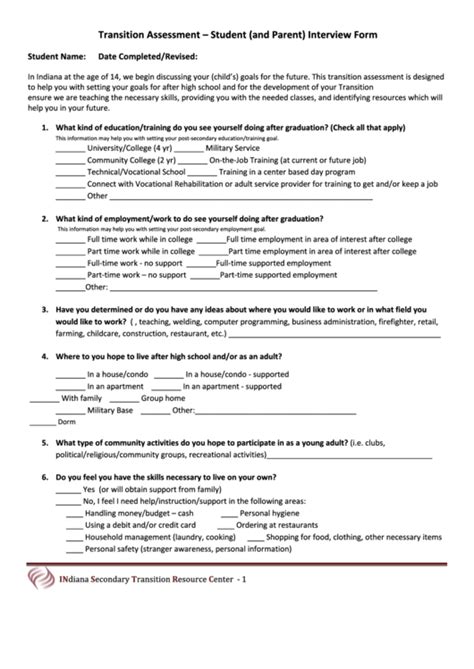 transition assessment student  parent interview form printable