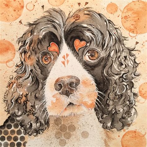 black  white dog  orange eyes  shown   watercolor