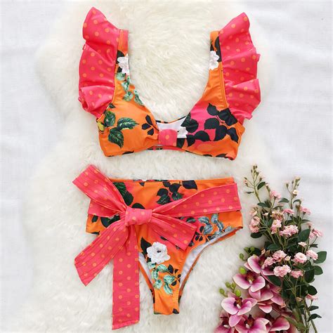 bowknot high waist floral print v neck brazilian two piece bikini swim