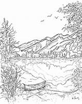 Coloring Pages Landscape Mountains Printable Mountain Nature Drawing Canoe Lake Adult Colouring Adults Scene Kids Jasper Serenity Water Landscapes Book sketch template