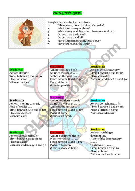 detective game esl worksheet  sungari