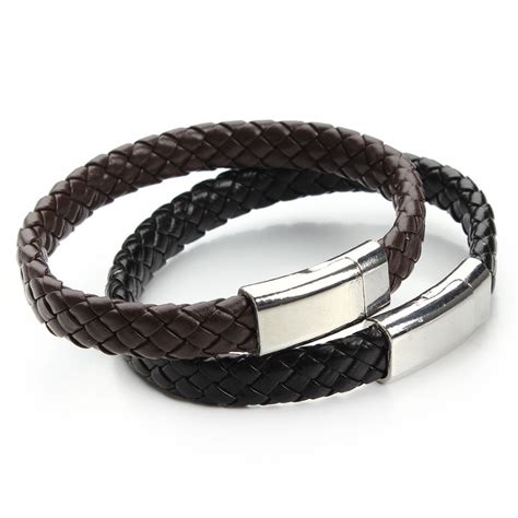 buy   handmade black brown genuine braided leather bracelet magnetic