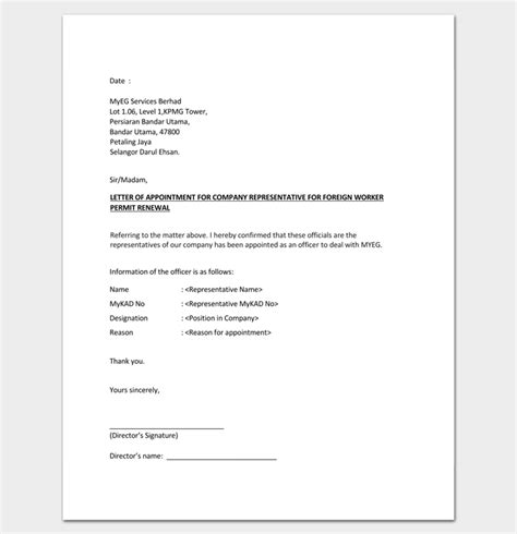 appointment letter  company representative  letter templates