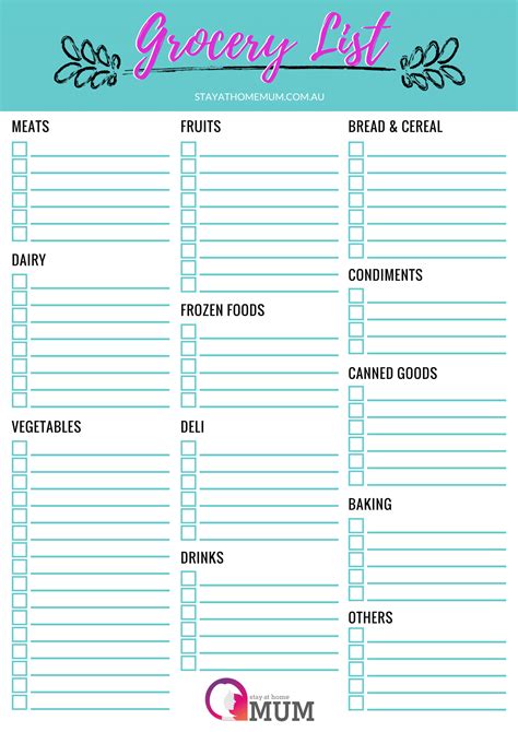 grocery store shopping list template