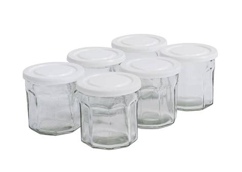 Six Clear Glass Storage Jars With White Lids By Bell