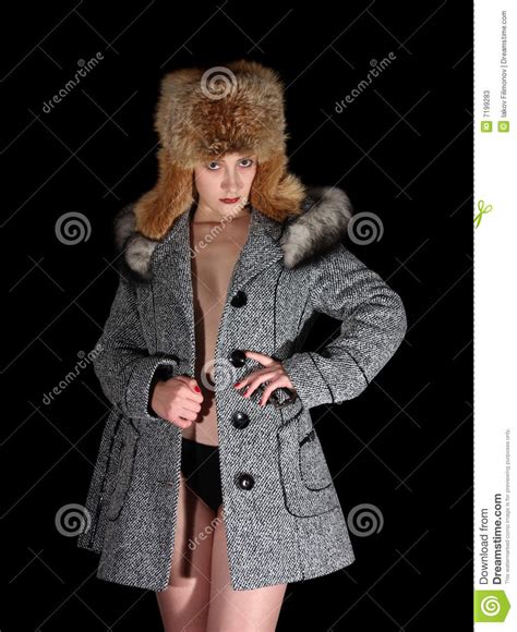 Portrait Of Sexual Girl In Gray Coat And Fur Hat Stock
