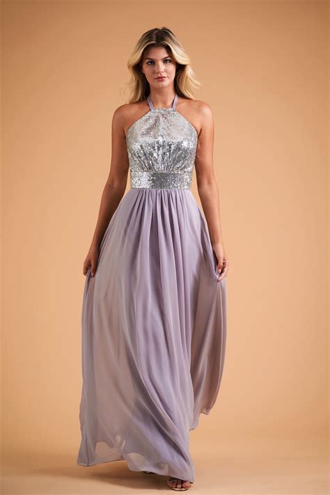 sequin halter top long bridesmaid dress  thick waistband  poly chiffon skirt