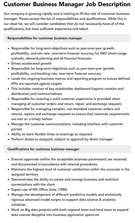 Customer Business Manager Job Description Velvet Jobs