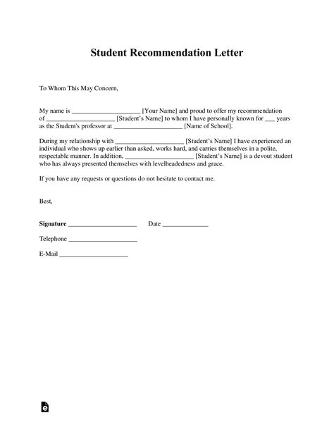 student recommendation letter template  samples  word