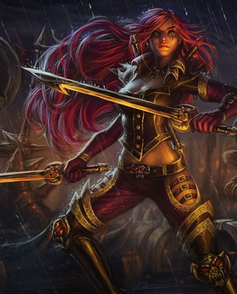 red haired female rogue with twin swords and leather