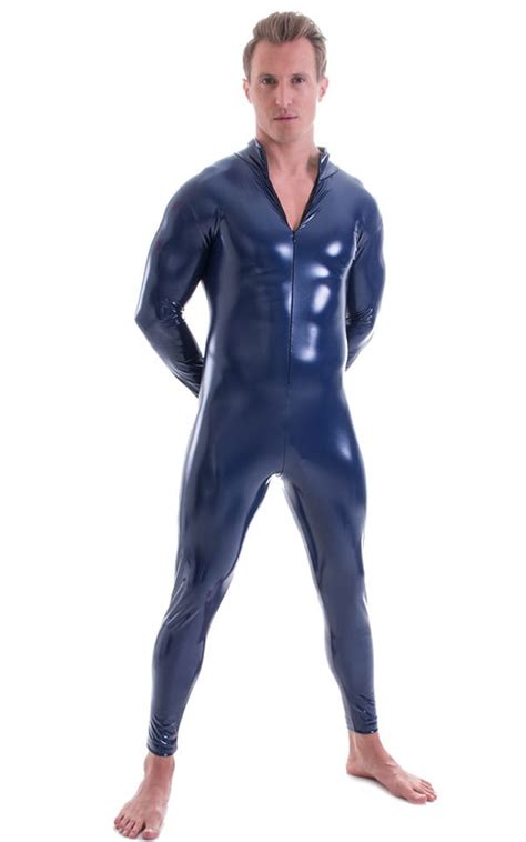 full bodysuit zentai lycra spandex suit for men in indigo stretch vinyl