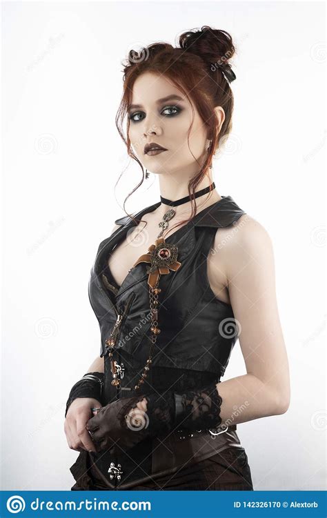 a beautiful redhead cosplayer girl wearing a victorian