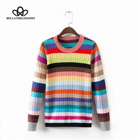 Autumn Witner New Rainbow Striped Knitting O Neck Women Sweater