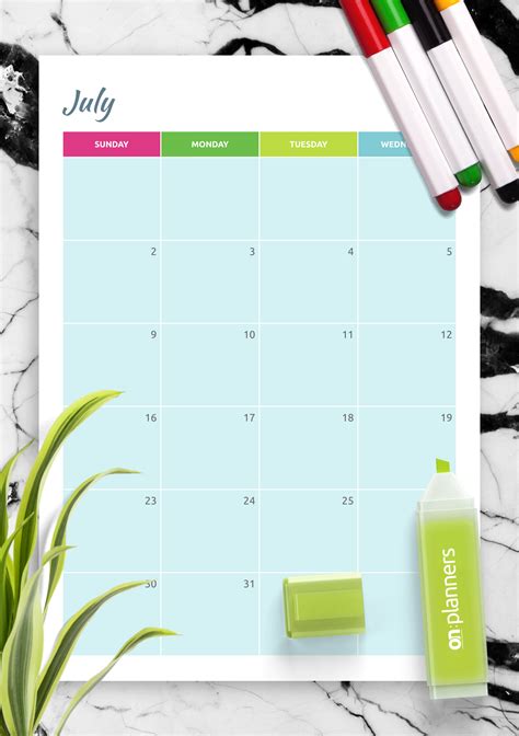 printable colorful monthly calendar