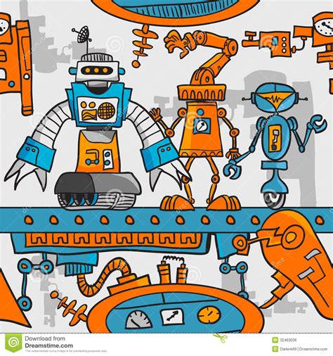 Seamless Pattern Cartoon Robots On The Assembly Royalty