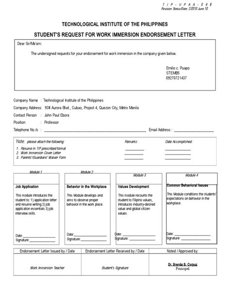 request  work immersion endorsement letter form