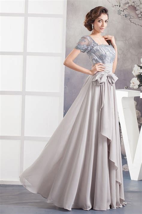 square neckline short sleeve beaded lace layered grey chiffon prom evening dress
