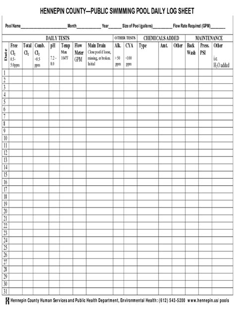 printable pool chemical log template