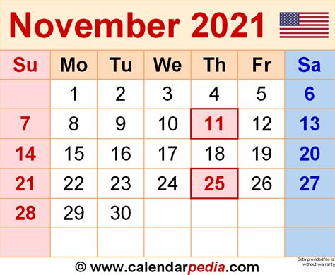 november  calendar templates  word excel