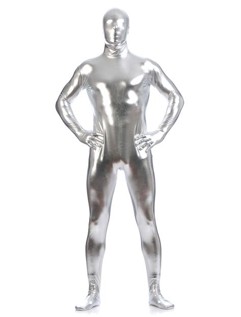 costume holloween tuta zentai metallizzata lucida argento  uomo halloween full body adulto