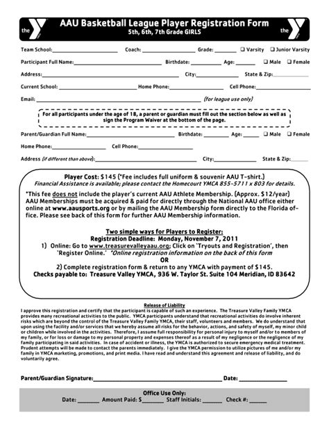 aau basketball registration form template fill  printable