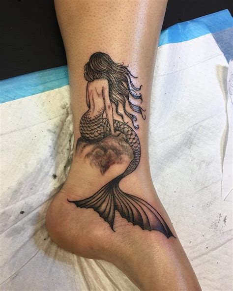 Classic Mermaid Girl Look Ankle Tattoo Designs In Black Ink Tattoos