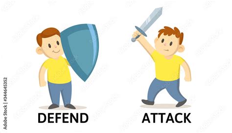 words defend  attack flashcard  text cartoon characters