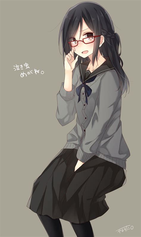 Long Hair Anime Anime Girls Sweater Glasses Black Hair Brown Eyes