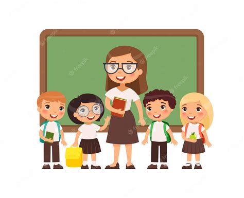 profesor  alumnos en el aula ilustracion plana ninos  ninas vestidos  uniforme escolar