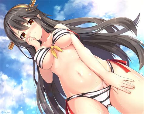 Bikini Black Hair Blush Clouds Haruna Kancolle Kantai