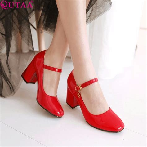 qutaa red ladies summer shoes square high heel woman pump pu leather